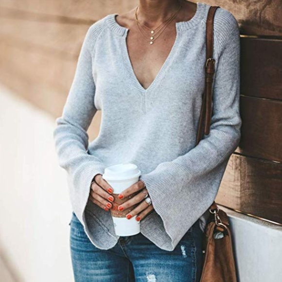 LoveBarbara Tops - Deep V Lightweight Bell Sleeve Sweater